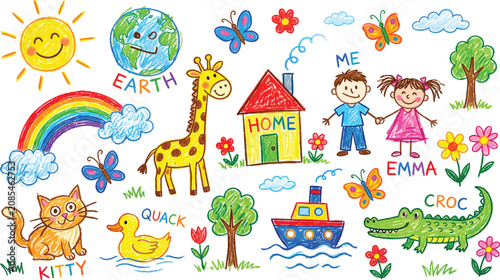 Children s Drawing Of Animals Nature And A House Watercolor Illustration