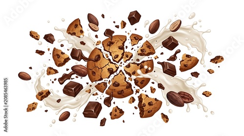 Exploding Chocolate Chip Cookie with Milk Splash and Flying Pieces.