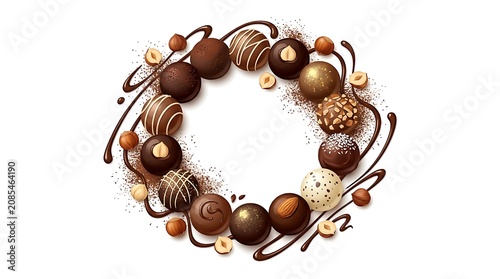 Gourmet Chocolate Truffles and Hazelnuts Arranged in a Festive Wreath Shape on White Background.
