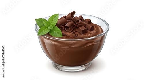 Delicious Chocolate Mousse Dessert with Mint Garnish in Glass Bowl.
