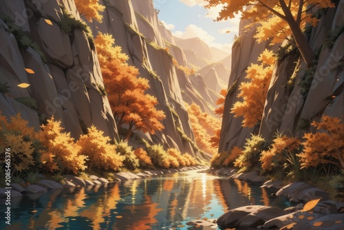 Autumn Canyon River with Golden Foliage and Sunlit Cliffs, Anime Landscape, Generative AI