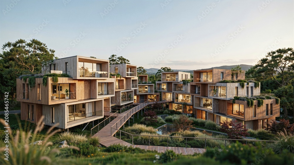 Fototapeta premium Apartment complex architecture integrates modern sustainable wood design with lush green landscaping at golden hour.