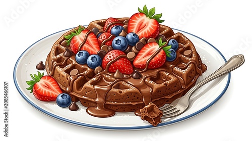 Delicious Chocolate Waffle Topped with Fresh Berries and Chocolate Drizzle.