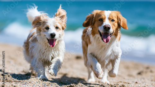 Two happy dogs running playfully on the sandy beach with turquoise ocean sea background.