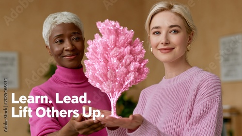 Two women holding pink coral tree
