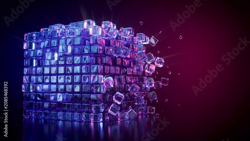 Abstract digital cube made of smaller glowing glass blocks breaking apart into floating particles with dark background