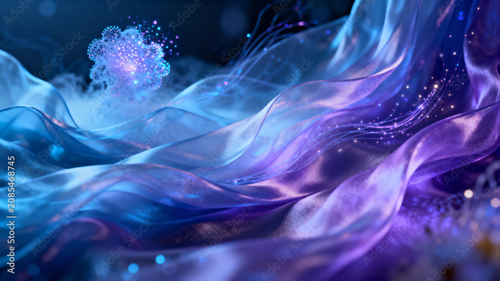 Obraz premium A premium render of flowing silk fabric that dissolves into a cloud of tiny bio-luminescent spores and particles, ethereal and organic abstract motion