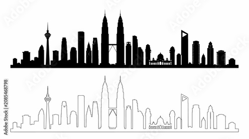 Kuala Lumpur Skyline Silhouette and Outline Illustration