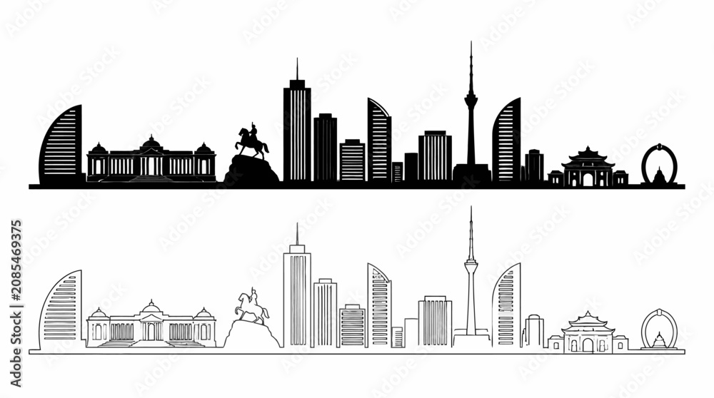 Obraz premium Ulaanbaatar skyline silhouette, iconic landmarks, graphic vector