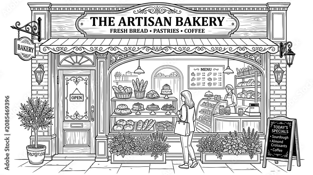 Fototapeta premium Artisan Bakery Facade with Fresh Bread, Pastries, and Coffee