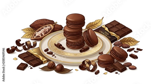 Chocolate Delights Assortment with Macarons, Cocoa Pods, and Chocolate Bars.