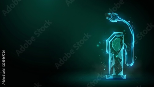 Abstract digital illustration of an electric vehicle charging station with glowing blue light lines on dark background