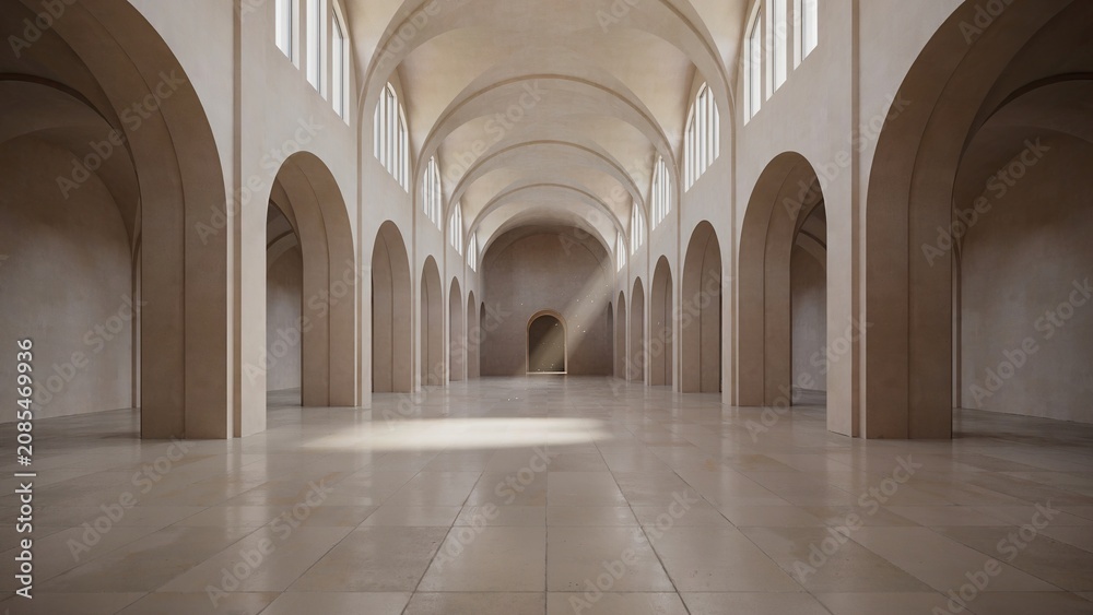 Obraz premium Hallway featuring vaulted stone arches creates a grand interior space illuminated by a single concentrated sunbeam.