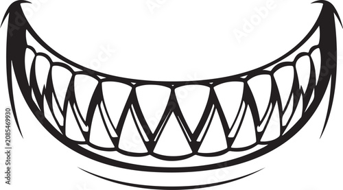 Vászonkép Spooky creepy smile with sharp teeth silhouette, evil grin vector illustration