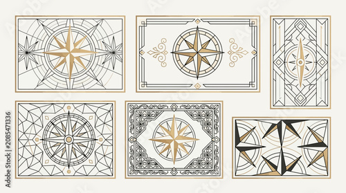 Vintage Compass Rose Designs, Nautical Navigation Patterns, Gold and Black