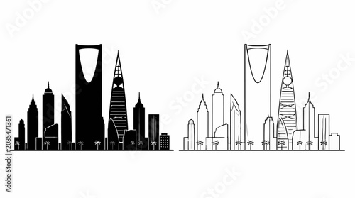 Riyadh skyline silhouette, black and white illustration