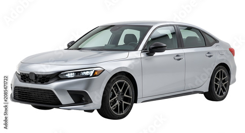 Sleek Silver Honda Civic Sedan Isolated on White Background.
