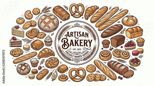 Bild auf Leinwand Artisan Bakery Assortment: Freshly Baked Breads, Pastries, and Sweets