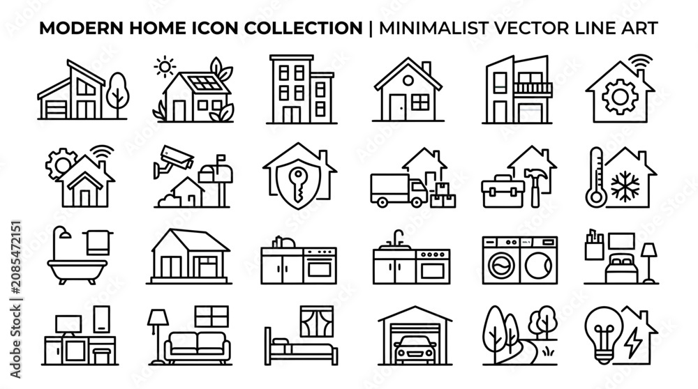 Fototapeta premium Modern Home Icon Collection: Minimalist Vector Line Art Set for Real Estate & Technology