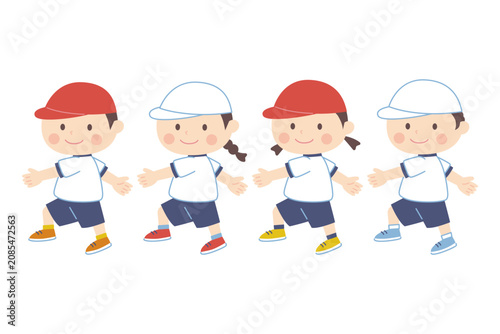 Tableau sur toile 行進する赤組と白組の子どもたちのイラスト