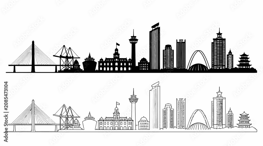 Obraz premium City Skyline Silhouette, Landmark Buildings, Bridge, Graphic