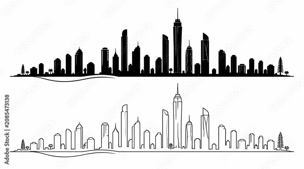 Obraz premium Cityscape Silhouette and Outline: Black and White Skyline