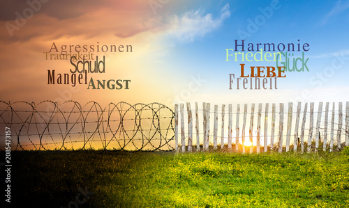 Konflikt und Frieden dargestellt an einem Stacheldrahtzaun und grünem Feld in...