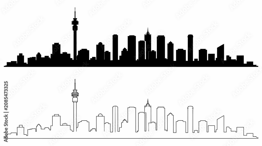 Obraz premium Johannesburg city skyline silhouette in solid and outline styles