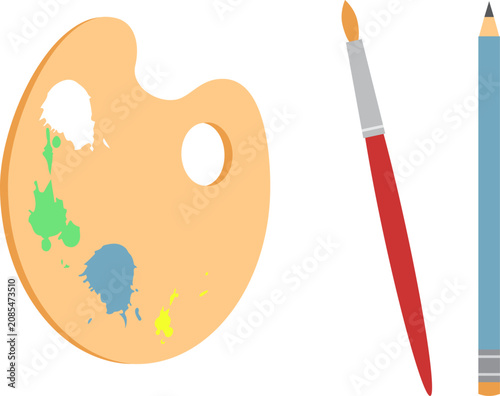 Paint palette, artist brush and pencil. Drawing tools.  Isolated vector illustration. Transparent background.	
