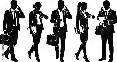 Business professionals checking time and communicating with smartphone and tablet, busy corporate office worker silhouette collection isolated on white background vector illustration