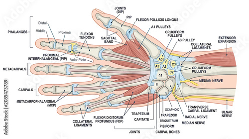 Bild auf Leinwand Anatomical Illustration of the Human Hand - Bones, Tendons, Ligaments and Nerves