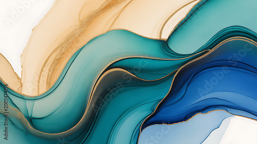Alcohol ink abstract artwork with flowing shapes and gold toned edging on a white background fluid veins marbling