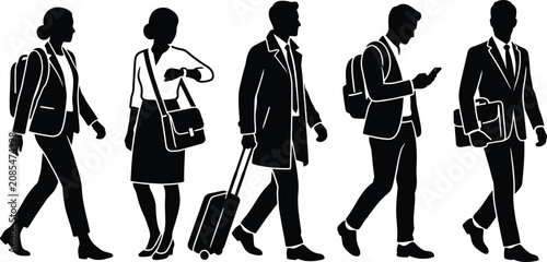 Professional business people commuting with backpacks, briefcases, smartphones, and travel luggage, representing modern corporate lifestyle, mobile workforce, productivity, and workplace mobility