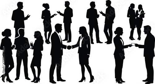 Professional business people networking, shaking hands, exchanging business cards, and discussing opportunities, representing corporate collaboration, partnerships, communication