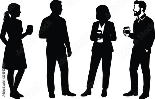 Professional business people networking during a coffee break, holding takeaway cups, engaging in casual conversation, workplace communication, team bonding, and corporate social interaction