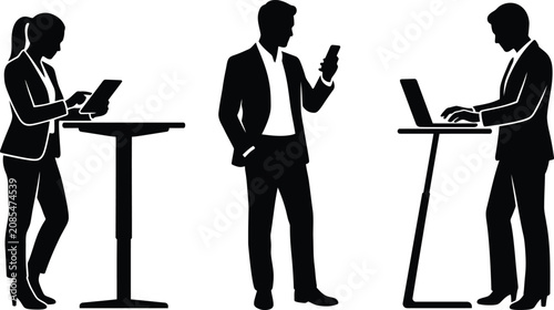 Professional business people using smartphones, tablets, and laptops at standing desks, representing modern workplace technology, digital communication, productivity, and flexible office work