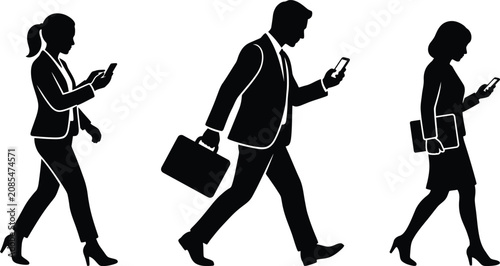 Professional business people walking while using smartphones, carrying briefcases and documents, representing mobile workforce, digital communication, corporate commuting, and modern office lifestyle