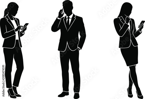Professional business people using smartphones for mobile communication, phone calls, and digital networking, representing modern corporate connectivity, workplace technology, and productivity