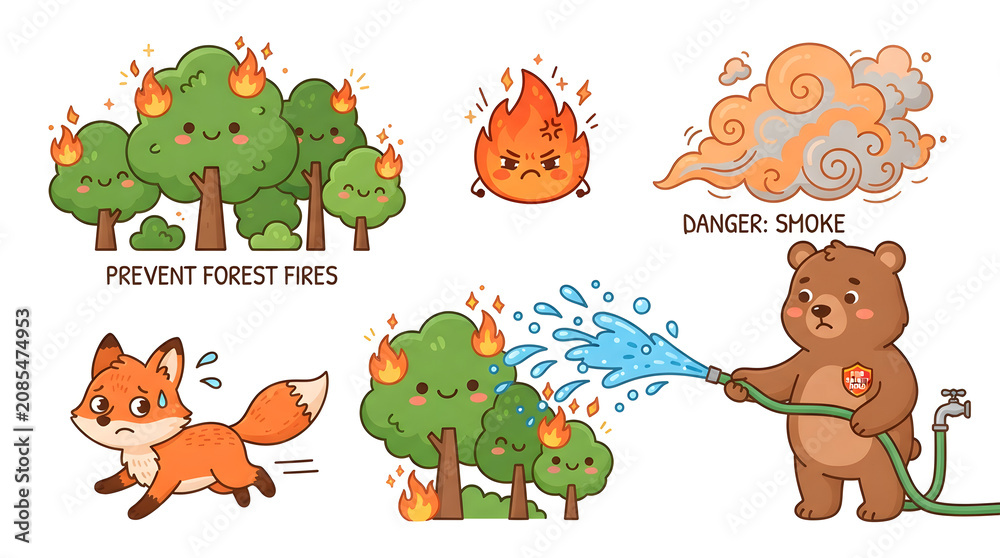 Fototapeta premium Forest Fire Prevention Cartoon: A charming collection of illustrations depicting the dangers of forest fires, featuring cute cartoon animals and trees, with one bravely fighting the flames.
