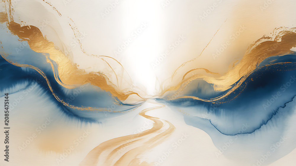 Fototapeta premium Abstract watercolor back with golden and blue fluid shapes on a white background gold ink wash texture paint