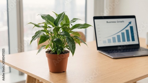 Green potted plant on wooden office desk with laptop showing business growth chart