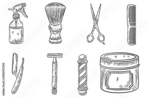 Vintage Barber Shop Hand Drawn Tool Set with Shaving Brush Razor Scissors Comb Hair Clipper and Grooming Accessories Engraving Vector Collection