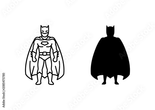 Superhero Icon Set: Line Art and Silhouette Vector Graphics for Comic Book and Fantasy Themes