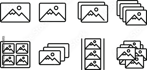 Collection of black outline image gallery and photo album icons with photography landscape collection multiple thumbnail slideshow creative interface software composition