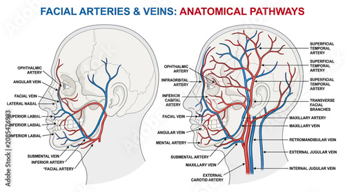 Bild auf Leinwand Anatomical Pathways of Facial Arteries and Veins