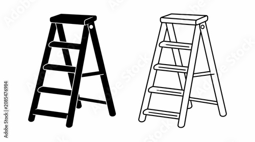 Stepladder icon set in black solid and outline styles for design