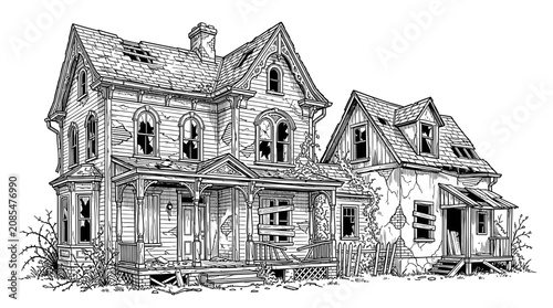 Cuadro en lienzo Abandoned Victorian House Illustration, Dilapidated Old Building, Haunted Mansio