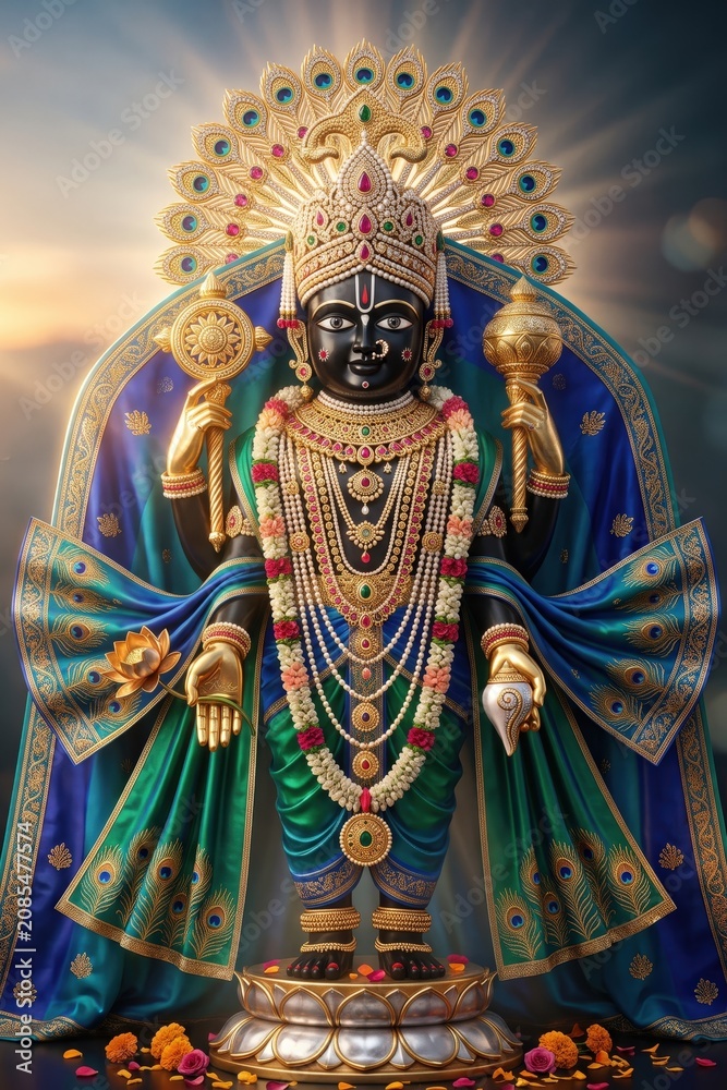 Obraz premium Dwarkadhish Krishna Idol – Emerald Royal Blue Divine Temple
