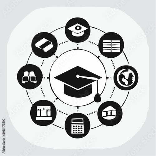Circular education icon set featuring graduation cap, books, global study, and academic elements in black and white vector style
