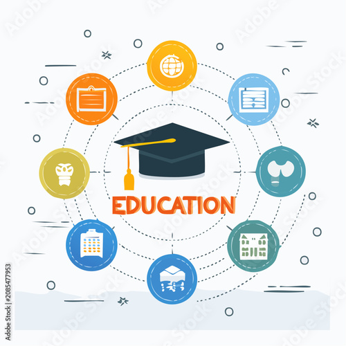 Educational Concept Infographic Featuring a Graduation Cap Surrounded by Academic Icons for Academic Development and Learning Success